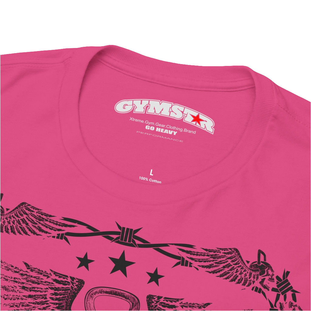 A purple Gymstar workout tee with a black graphic that reads 'Rock And Grow',  barbell and logo, presumably bodybulding or fitness.  Logo Close up view.