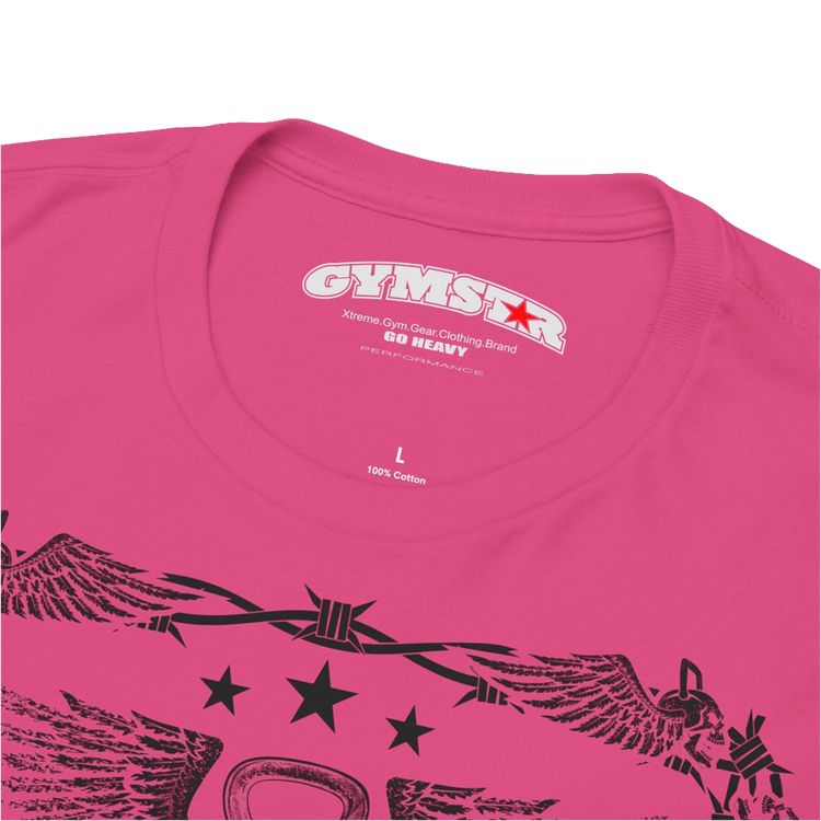 A purple Gymstar workout tee with a black graphic that reads 'Rock And Grow',  barbell and logo, presumably bodybulding or fitness.  Logo Close up view.