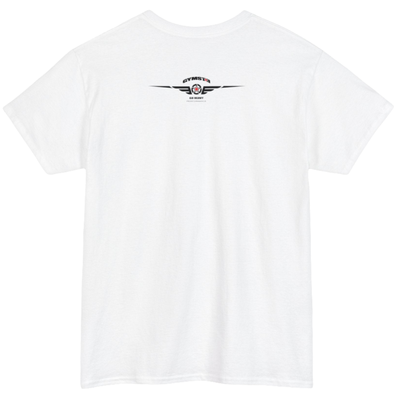 A white Gymstar workout tee with a black graphic that reads 'Rock And Grow',  barbell and logo, presumably bodybulding or fitness.  Rear view.