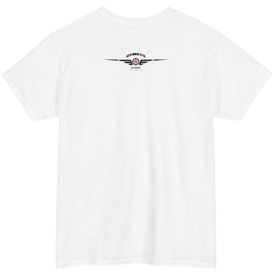 A white Gymstar workout tee with a black graphic that reads 'Rock And Grow',  barbell and logo, presumably bodybulding or fitness.  Rear view.