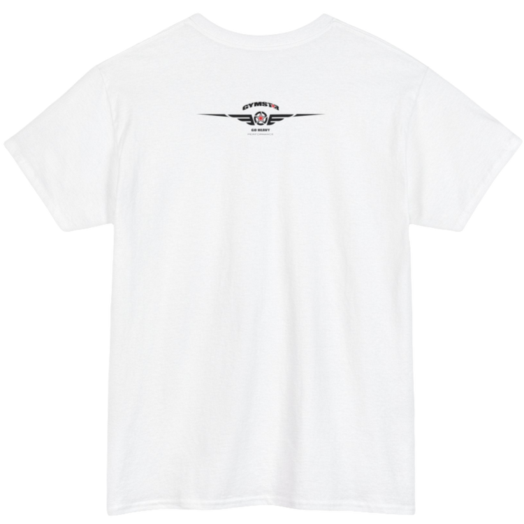 A white Gymstar workout tee with a black graphic that reads 'Rock And Grow',  barbell and logo, presumably bodybulding or fitness.  Rear view.