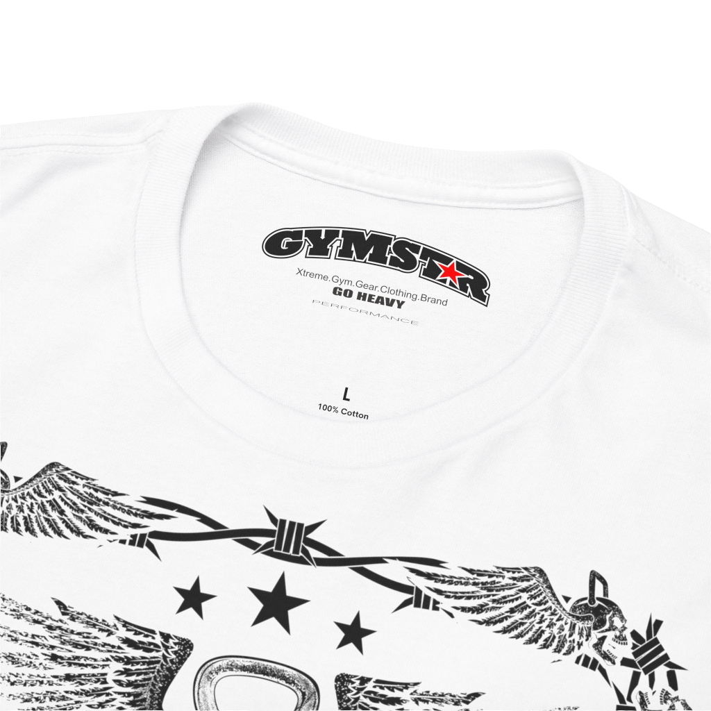 A white Gymstar workout tee with a black graphic that reads 'Rock And Grow',  barbell and logo, presumably bodybulding or fitness.  Logo Close up view.