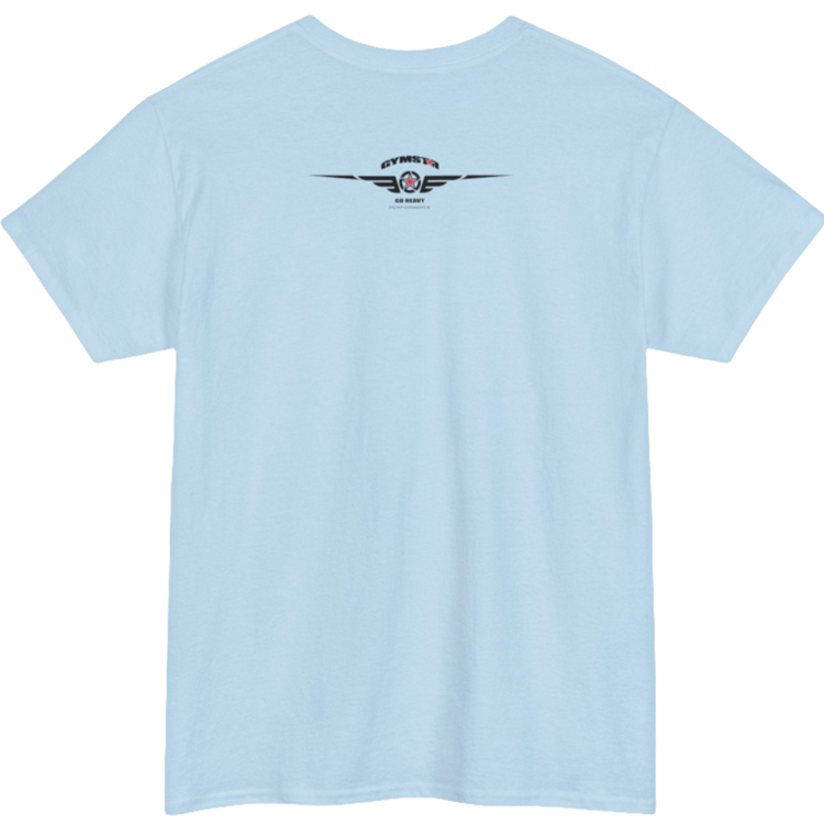 A light blue Gymstar workout tee with a black graphic that reads 'Rock And Grow',  barbell and logo, presumably bodybulding or fitness.  Rear view.