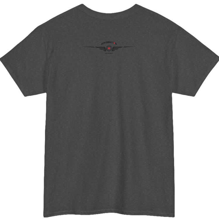 A brown Gymstar workout tee with a black graphic that reads 'Rock And Grow',  barbell and logo, presumably bodybulding or fitness.  Rear view.