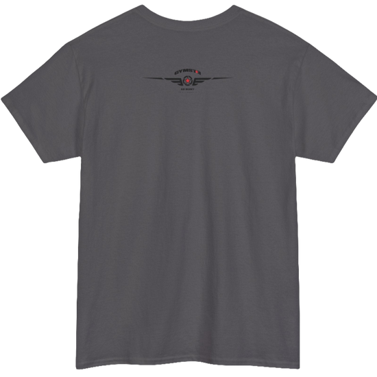 A sport grey Gymstar workout tee with a black graphic that reads 'Rock And Grow',  barbell and logo, presumably bodybulding or fitness.  Rear view.