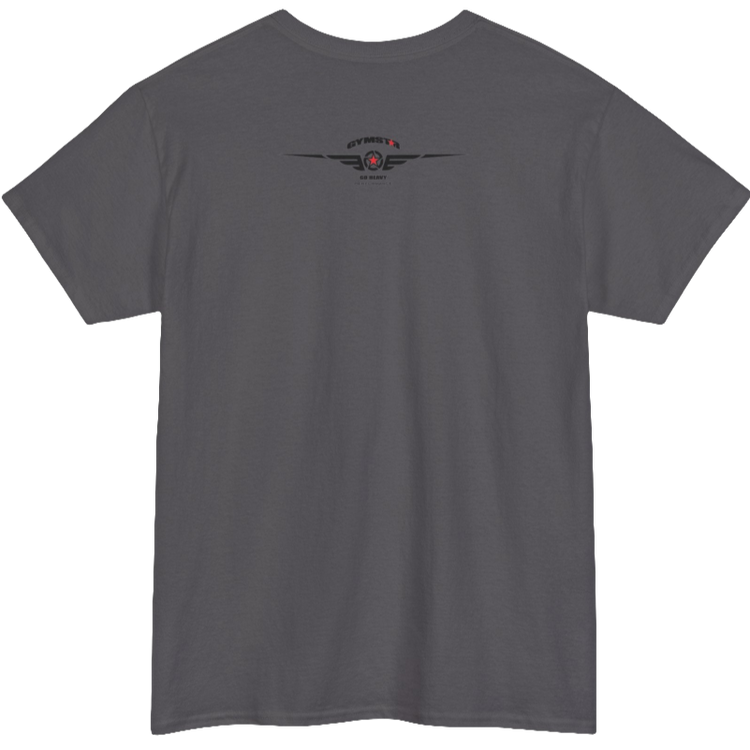 A sport grey Gymstar workout tee with a black graphic that reads 'Rock And Grow',  barbell and logo, presumably bodybulding or fitness.  Rear view.
