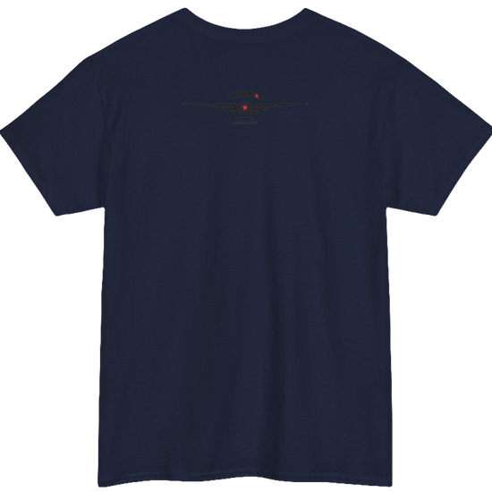 A navy blue Gymstar workout tee with a black graphic that reads 'Rock And Grow',  barbell and logo, presumably bodybulding or fitness.  Rear view.