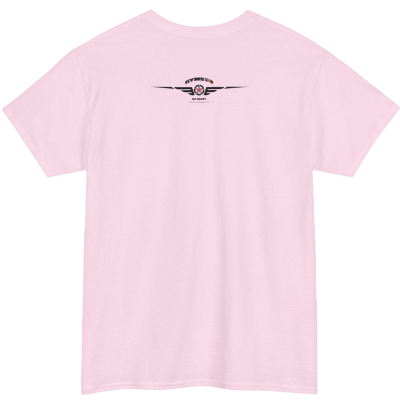 A pink Gymstar workout tee with a black graphic that reads 'Rock And Grow',  barbell and logo, presumably bodybulding or fitness.  Rear view.