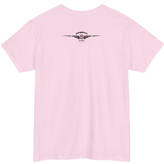 A pink Gymstar workout tee with a black graphic that reads 'Rock And Grow',  barbell and logo, presumably bodybulding or fitness.  Rear view.