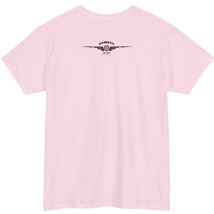 A pink Gymstar workout tee with a black graphic that reads 'Rock And Grow',  barbell and logo, presumably bodybulding or fitness.  Rear view.