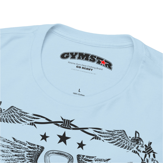A light blue Gymstar workout tee with a black graphic that reads 'Rock And Grow',  barbell and logo, presumably bodybulding or fitness.  Logo Close up view.