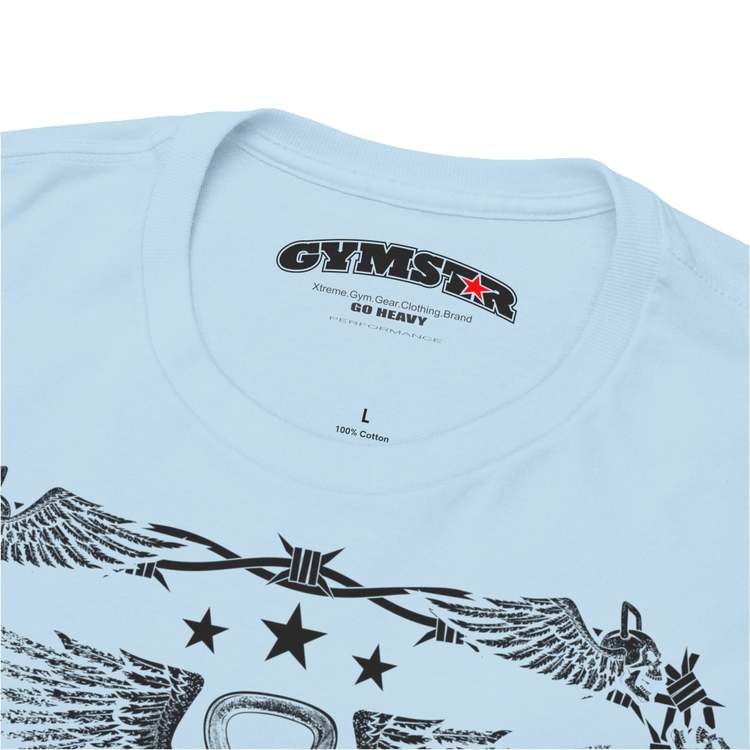 A light blue Gymstar workout tee with a black graphic that reads 'Rock And Grow',  barbell and logo, presumably bodybulding or fitness.  Logo Close up view.