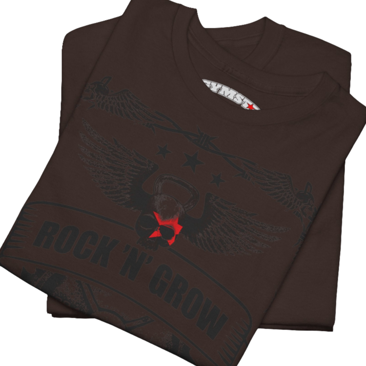 A brown Gymstar workout tee with a black graphic that reads 'Rock And Grow',  barbell and logo, presumably bodybulding or fitness. Close up view.