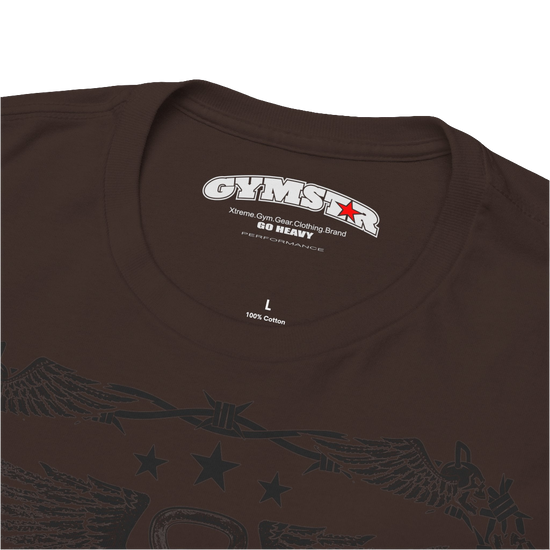A brown Gymstar workout tee with a black graphic that reads 'Rock And Grow',  barbell and logo, presumably bodybulding or fitness. Logo Close up view.