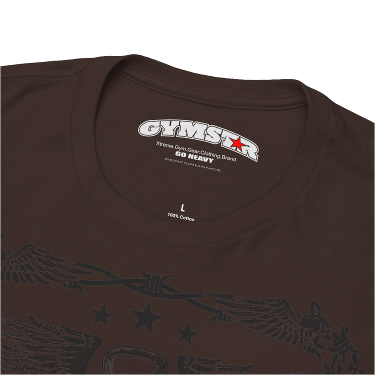 A brown Gymstar workout tee with a black graphic that reads 'Rock And Grow',  barbell and logo, presumably bodybulding or fitness. Logo Close up view.