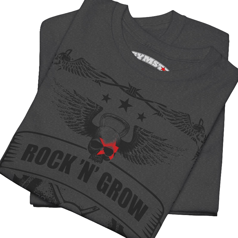 A grey Gymstar workout tee with a black graphic that reads 'Rock And Grow',  barbell and logo, presumably bodybulding or fitness.  Close up view.