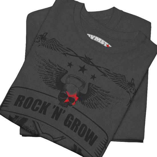 A grey Gymstar workout tee with a black graphic that reads 'Rock And Grow',  barbell and logo, presumably bodybulding or fitness.  Close up view.