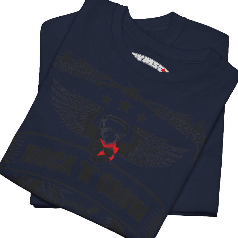 A navy blue Gymstar workout tee with a black graphic that reads 'Rock And Grow',  barbell and logo, presumably bodybulding or fitness. Close up view.