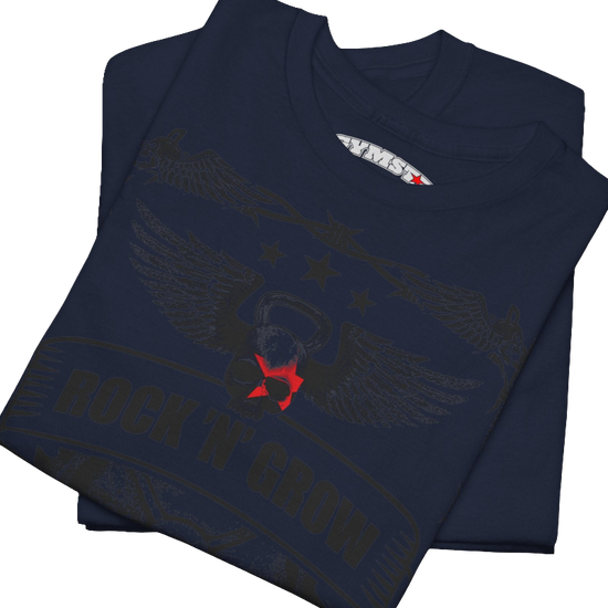 A navy blue Gymstar workout tee with a black graphic that reads 'Rock And Grow',  barbell and logo, presumably bodybulding or fitness. Close up view.