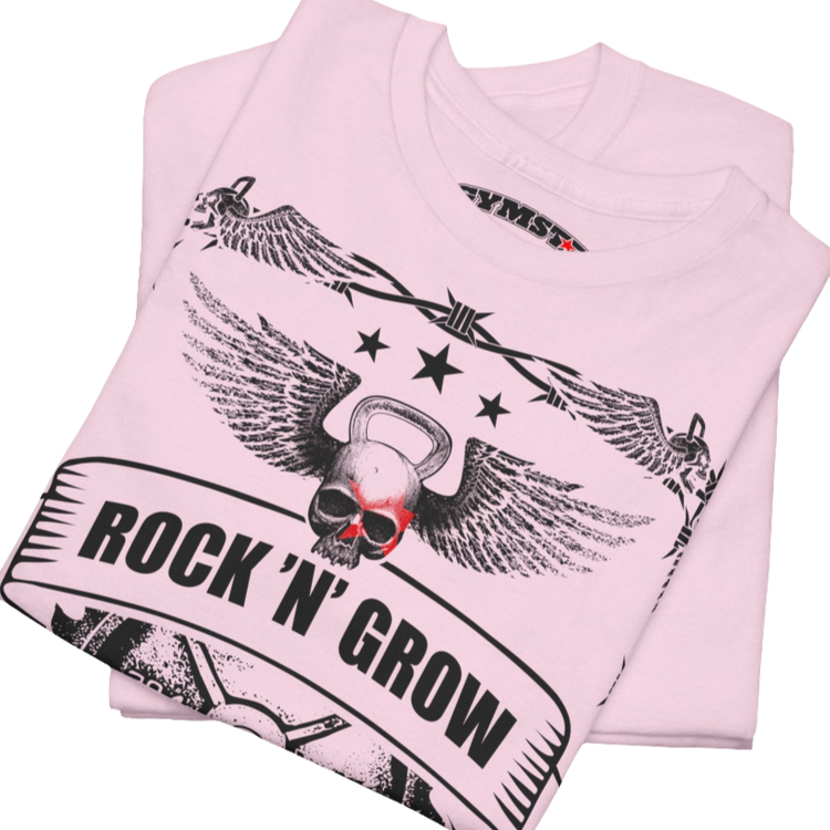 A pink Gymstar workout tee with a black graphic that reads 'Rock And Grow',  barbell and logo, presumably bodybulding or fitness. Close up view.