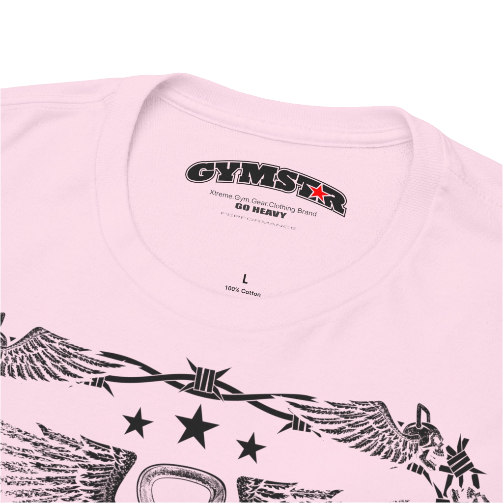 A pink Gymstar workout tee with a black graphic that reads 'Rock And Grow',  barbell and logo, presumably bodybulding or fitness. Logo Close up view.