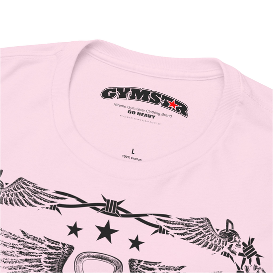 A pink Gymstar workout tee with a black graphic that reads 'Rock And Grow',  barbell and logo, presumably bodybulding or fitness. Logo Close up view.