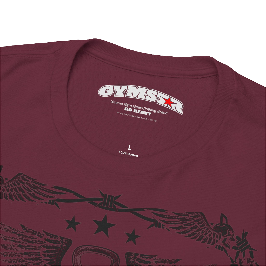 A rubin Gymstar workout tee with a black graphic that reads 'Rock And Grow',  barbell and logo, presumably bodybulding or fitness.  Logo Close up view.