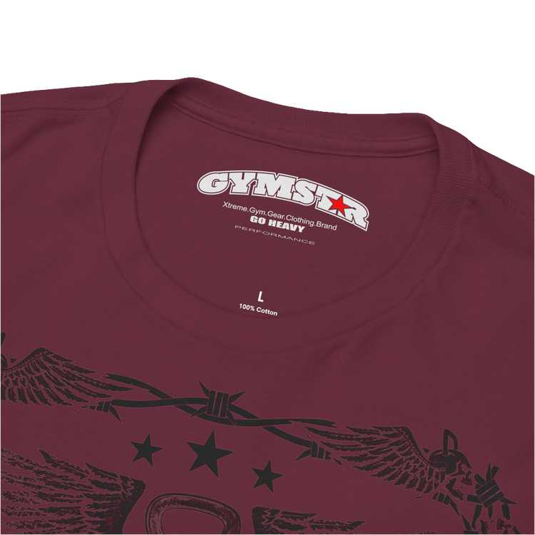 A rubin Gymstar workout tee with a black graphic that reads 'Rock And Grow',  barbell and logo, presumably bodybulding or fitness.  Logo Close up view.