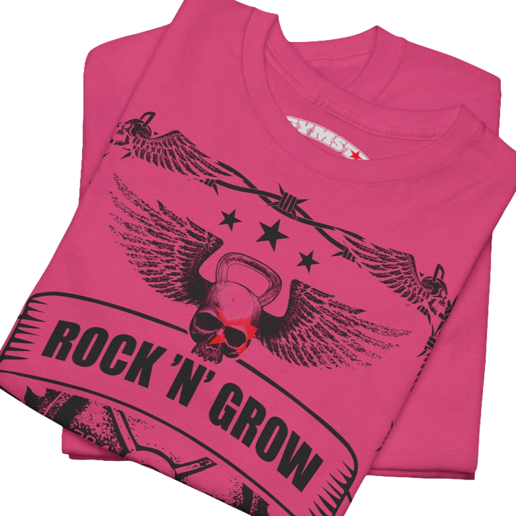 A purple Gymstar workout tee with a black graphic that reads 'Rock And Grow',  barbell and logo, presumably bodybulding or fitness. Close up view.