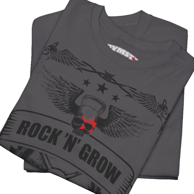 A sport grey Gymstar workout tee with a black graphic that reads 'Rock And Grow',  barbell and logo, presumably bodybulding or fitness.  Close up view.