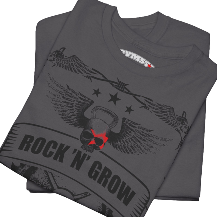 A sport grey Gymstar workout tee with a black graphic that reads 'Rock And Grow',  barbell and logo, presumably bodybulding or fitness.  Close up view.