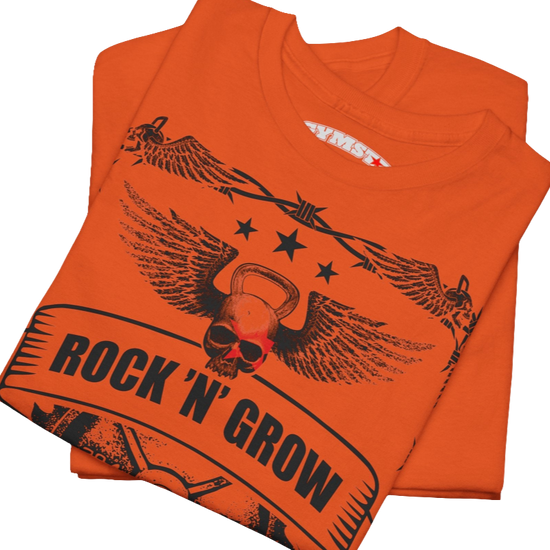 A orange Gymstar workout tee with a black graphic that reads 'Rock And Grow',  barbell and logo, presumably bodybulding or fitness. Close up view.