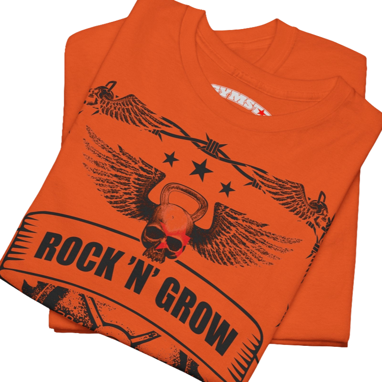 A orange Gymstar workout tee with a black graphic that reads 'Rock And Grow',  barbell and logo, presumably bodybulding or fitness. Close up view.