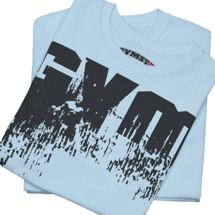 A light blue Gymstar workout tee with a black graphic that reads 'GYM',  bodybuilder silhouettte and logo, presumably bodybulding or fitness.  Close up view.