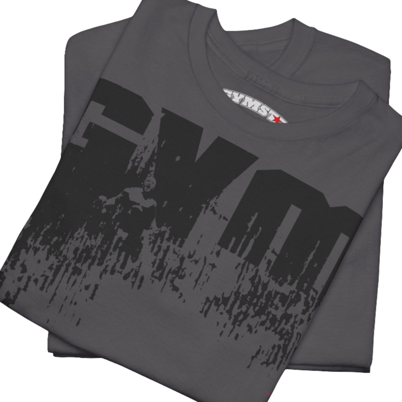 A sport grey Gymstar workout tee with a black graphic that reads 'GYM',  bodybuilder silhouettte and logo, presumably bodybulding or fitness.  Close up view.