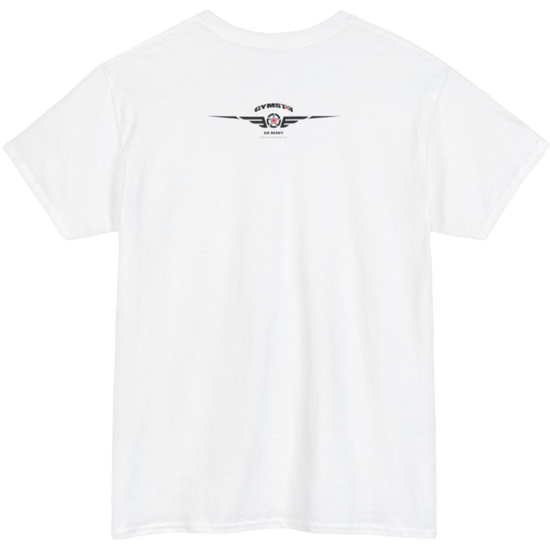 A white Gymstar workout tee with a black graphic that reads 'GYM',  bodybuilder silhouettte and logo, presumably bodybulding or fitness.  Rear  view.
