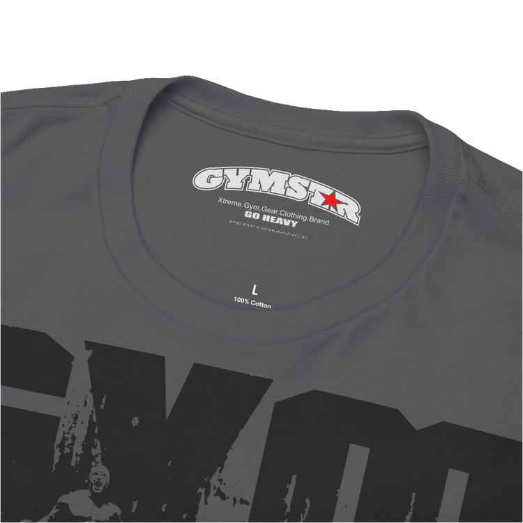 A sport grey Gymstar workout tee with a black graphic that reads 'GYM',  bodybuilder silhouettte and logo, presumably bodybulding or fitness. Logo Close up view.