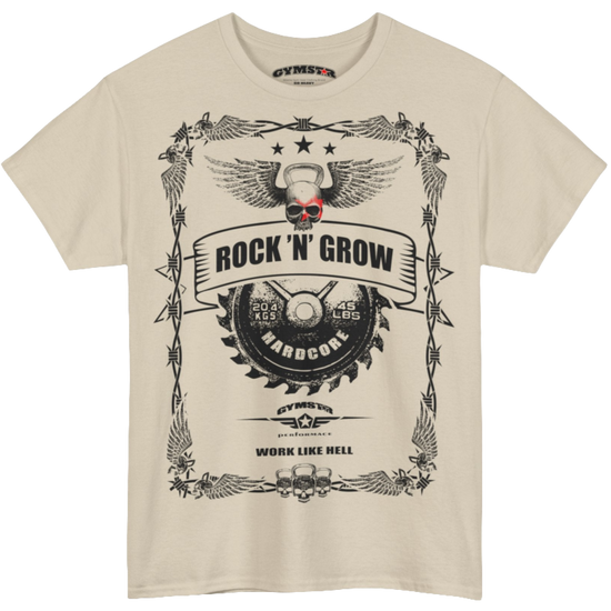 A beige blue Gymstar workout tee with a black graphic that reads 'Rock And Grow',  barbell and logo, presumably bodybulding or fitness. 