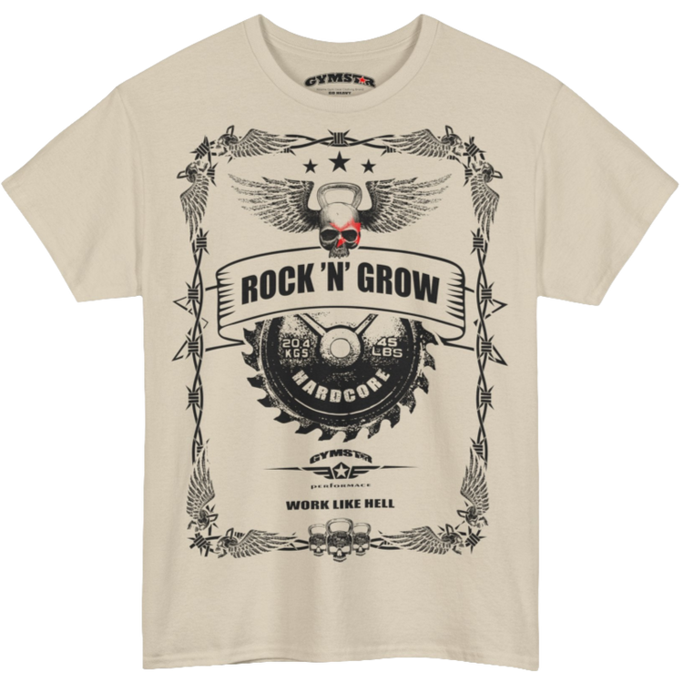 A beige blue Gymstar workout tee with a black graphic that reads 'Rock And Grow',  barbell and logo, presumably bodybulding or fitness. 