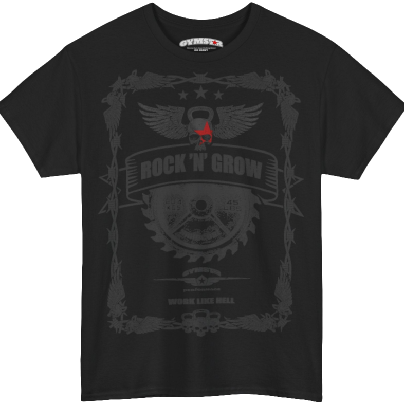 A black Gymstar workout tee with a black graphic that reads 'Rock And Grow',  barbell and logo, presumably bodybulding or fitness. 