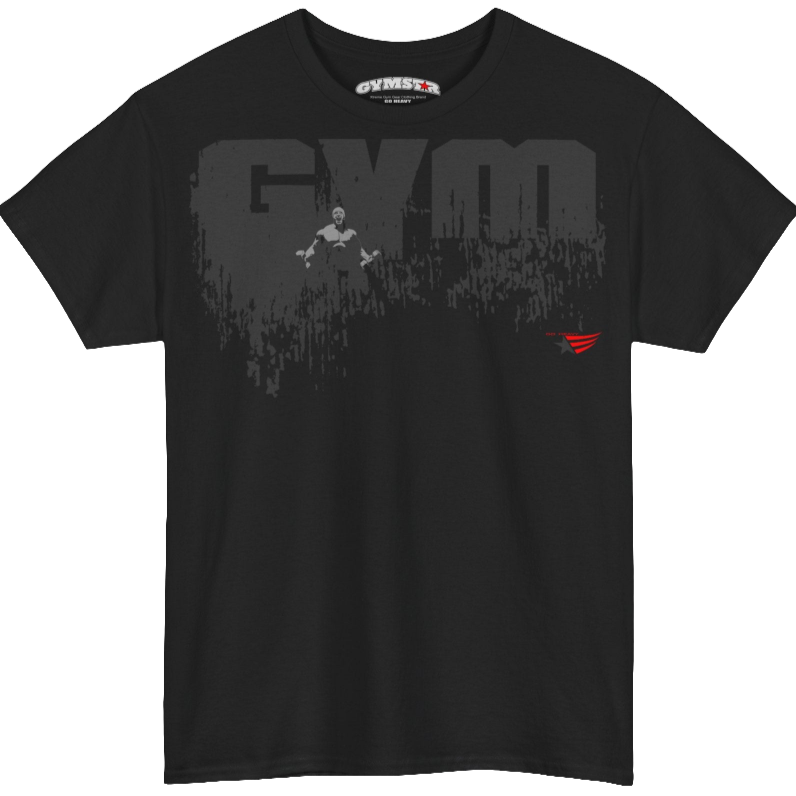 A black Gymstar workout tee with a black graphic that reads 'GYM',  bodybuilder silhouettte and logo, presumably bodybulding or fitness.  Front view.