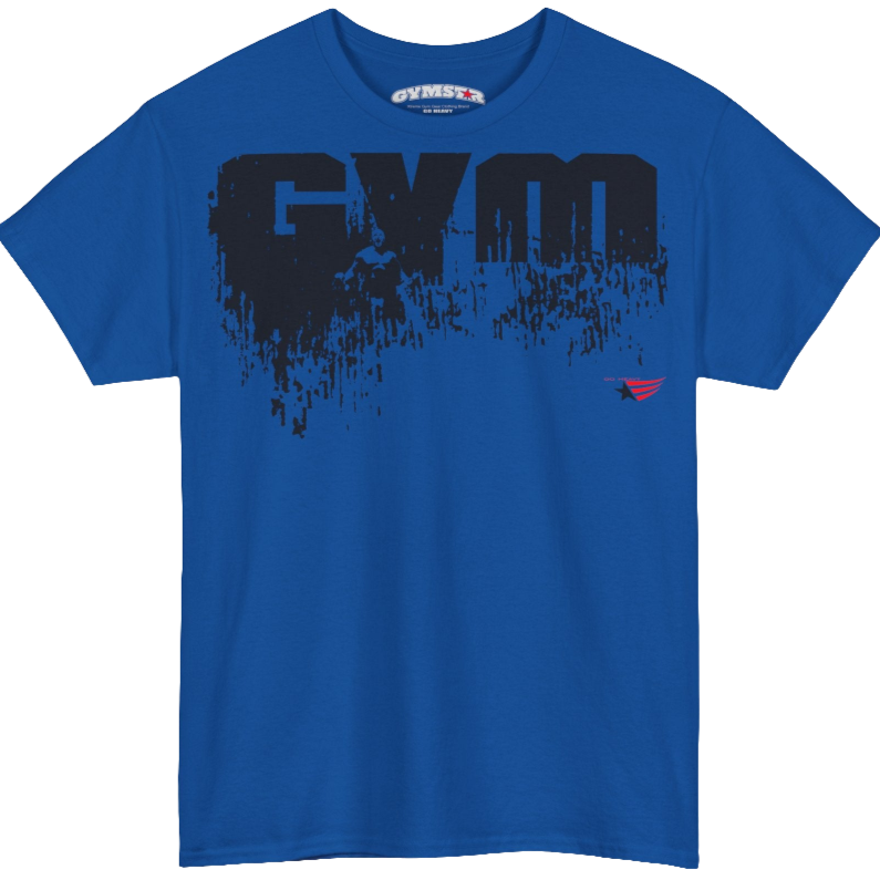 A blue Gymstar workout tee with a black graphic that reads 'GYM',  bodybuilder silhouettte and logo, presumably bodybulding or fitness.  Front view.