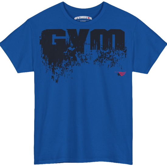 A blue Gymstar workout tee with a black graphic that reads 'GYM',  bodybuilder silhouettte and logo, presumably bodybulding or fitness.  Front view.