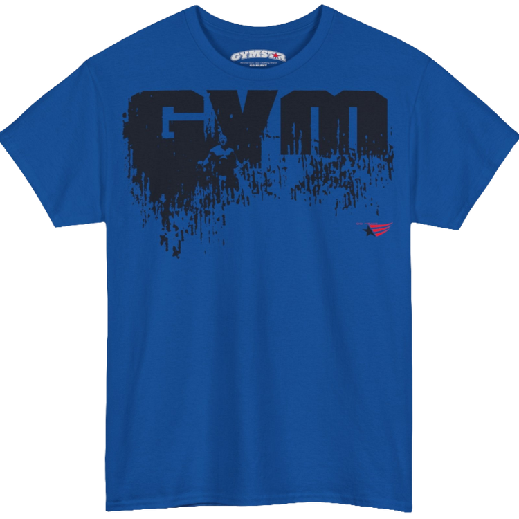 A blue Gymstar workout tee with a black graphic that reads 'GYM',  bodybuilder silhouettte and logo, presumably bodybulding or fitness.  Front view.