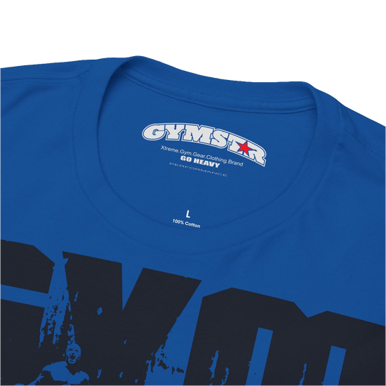 A blue Gymstar workout tee with a black graphic that reads 'GYM',  bodybuilder silhouettte and logo, presumably bodybulding or fitness.   Logo Close up view.