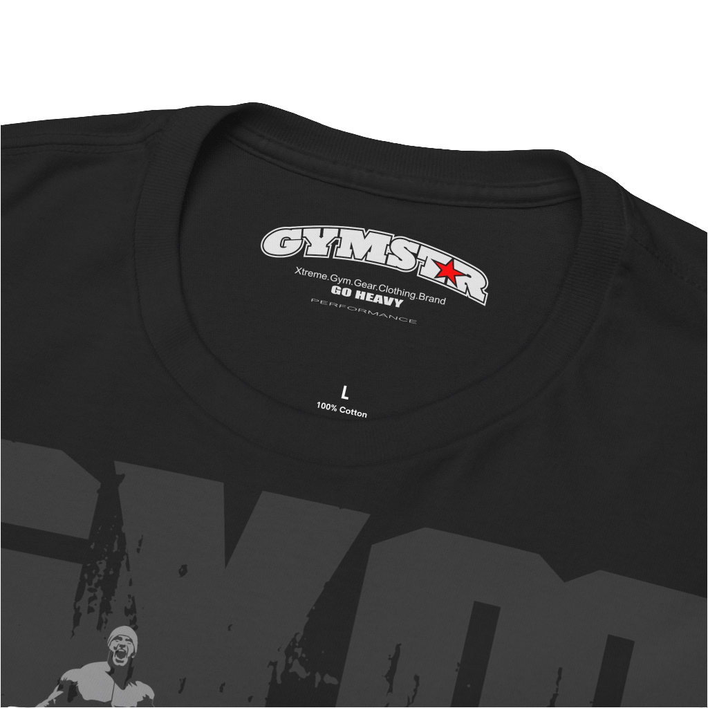 A black Gymstar workout tee with a black graphic that reads 'GYM',  bodybuilder silhouettte and logo, presumably bodybulding or fitness.  Logo Close up view.