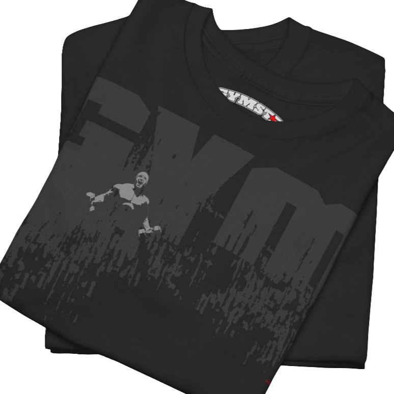 A black Gymstar workout tee with a black graphic that reads 'GYM',  bodybuilder silhouettte and logo, presumably bodybulding or fitness.  Close up view.