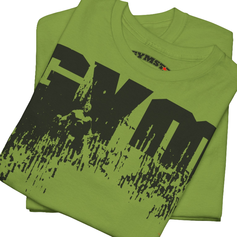 A kiwi Gymstar workout tee with a black graphic that reads 'GYM',  bodybuilder silhouettte and logo, presumably bodybulding or fitness. Close up view.