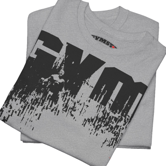 A silver grey Gymstar workout tee with a black graphic that reads 'GYM',  bodybuilder silhouettte and logo, presumably bodybulding or fitness.  Close up view.