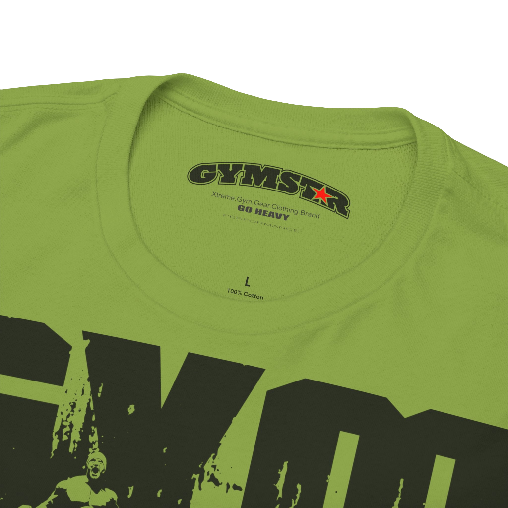 A kiwi Gymstar workout tee with a black graphic that reads 'GYM',  bodybuilder silhouettte and logo, presumably bodybulding or fitness. Logo Close up view.